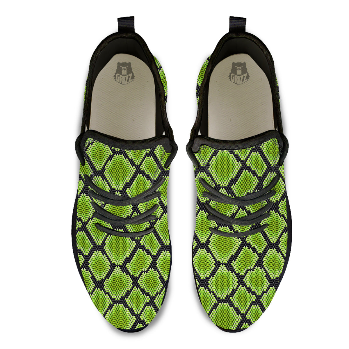 Snakeskin Black And Neon Green Print Black Athletic Shoes-grizzshop
