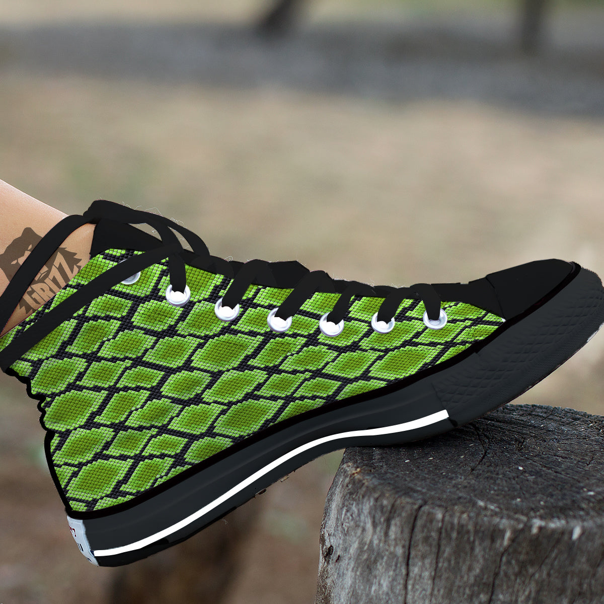 Snakeskin Black And Neon Green Print Black High Top Shoes-grizzshop