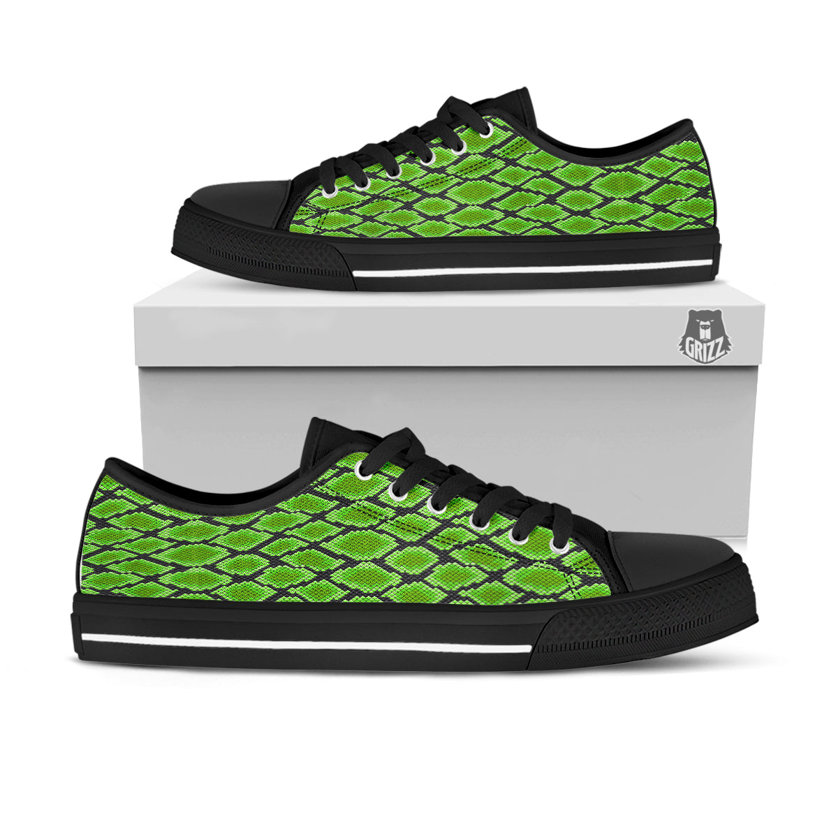 Snakeskin Black And Neon Green Print Black Low Top Shoes-grizzshop