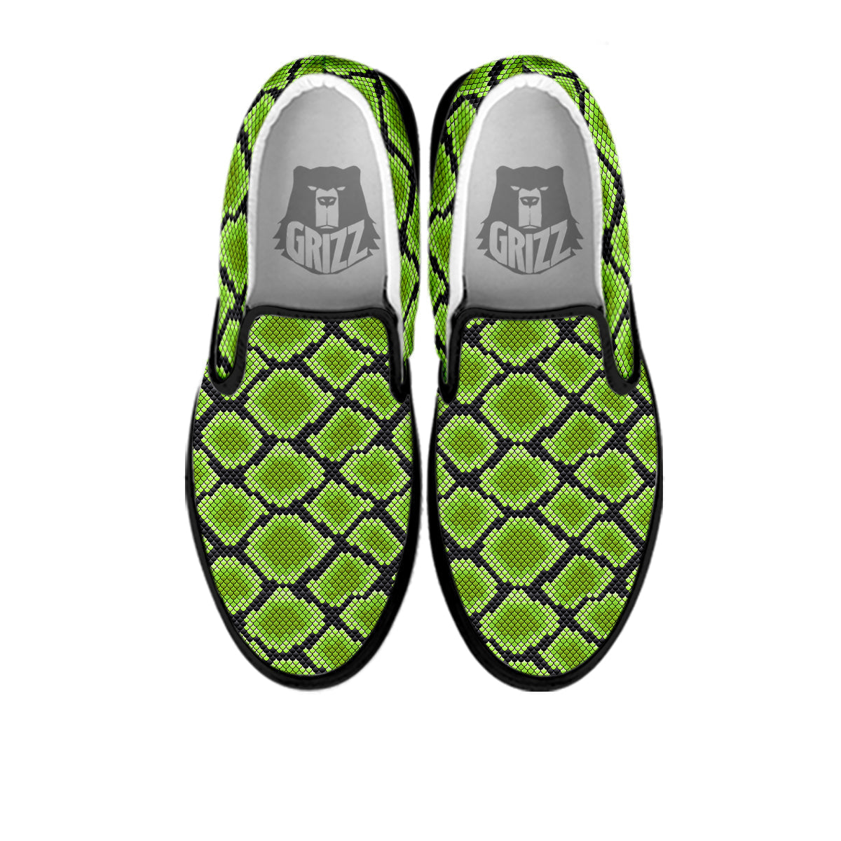 Snakeskin Black And Neon Green Print Black Slip On Shoes-grizzshop