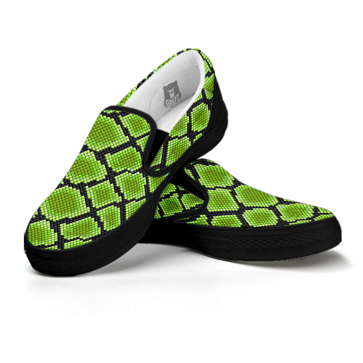 Snakeskin Black And Neon Green Print Black Slip On Shoes-grizzshop