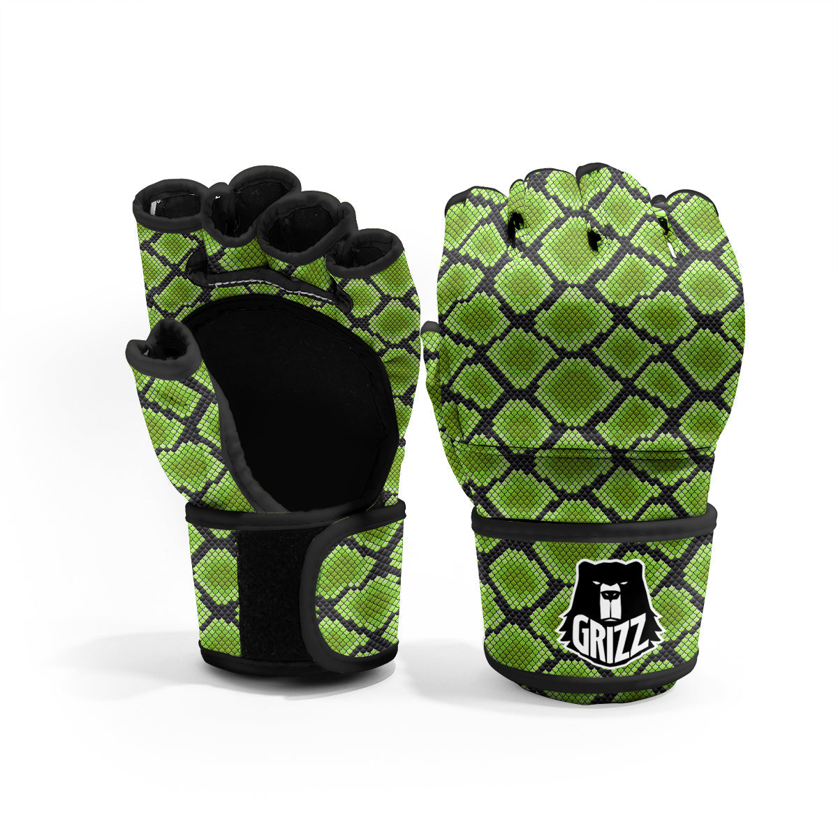 Snakeskin Black And Neon Green Print MMA Gloves-grizzshop