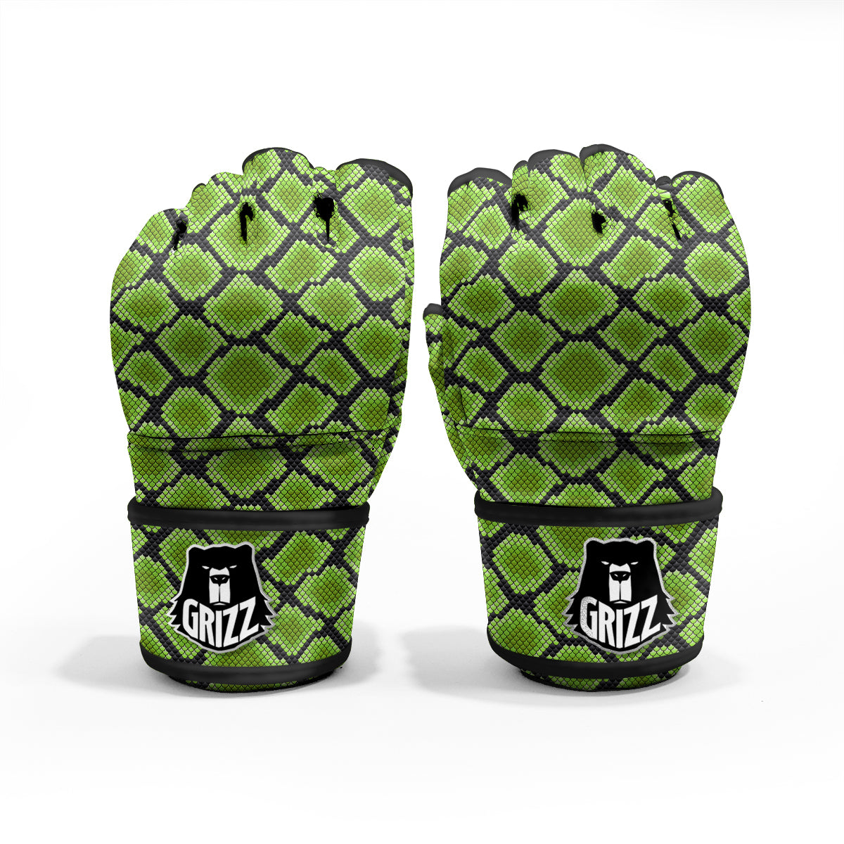 Snakeskin Black And Neon Green Print MMA Gloves-grizzshop