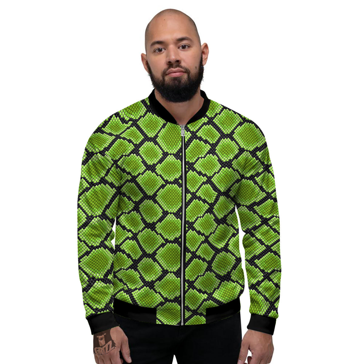 Snakeskin Black And Neon Green Print Men's Bomber Jacket-grizzshop