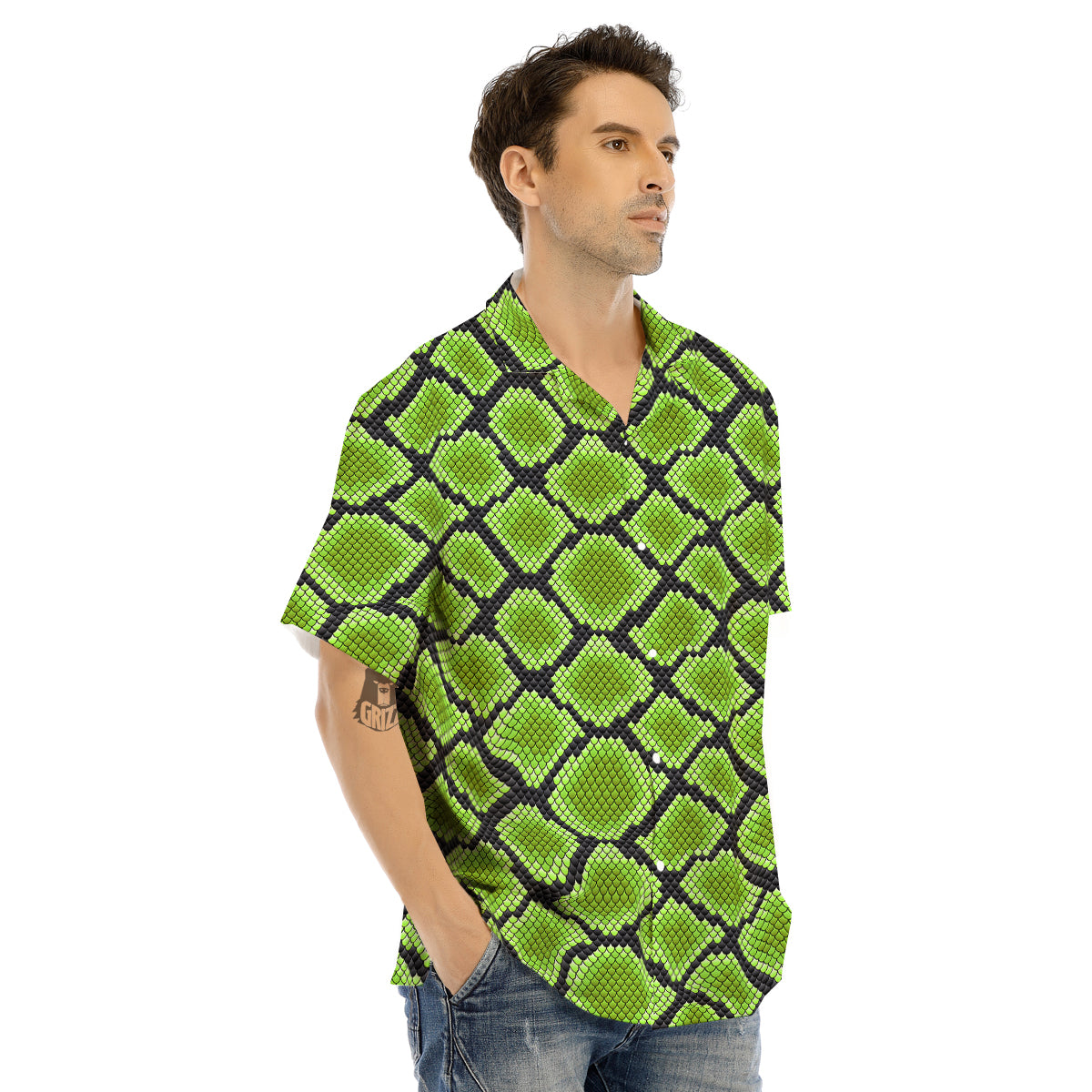 Snakeskin Black And Neon Green Print Men's Hawaiian Shirt-grizzshop
