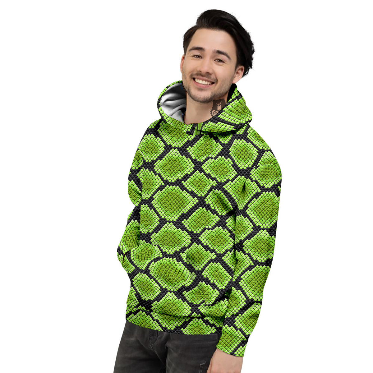Snakeskin Black And Neon Green Print Men's Hoodie-grizzshop