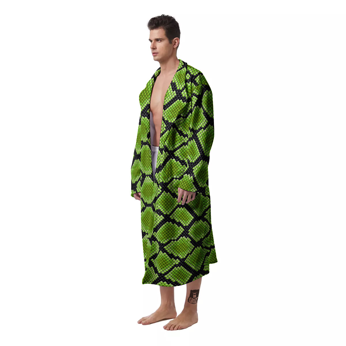 Snakeskin Black And Neon Green Print Men's Robe-grizzshop
