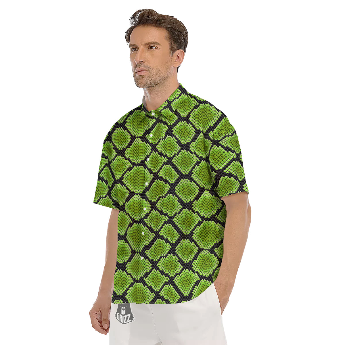 Snakeskin Black And Neon Green Print Men's Short Sleeve Shirts-grizzshop