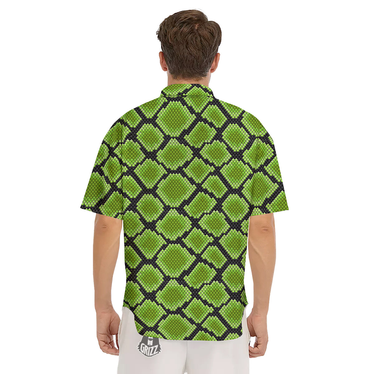 Snakeskin Black And Neon Green Print Men's Short Sleeve Shirts-grizzshop