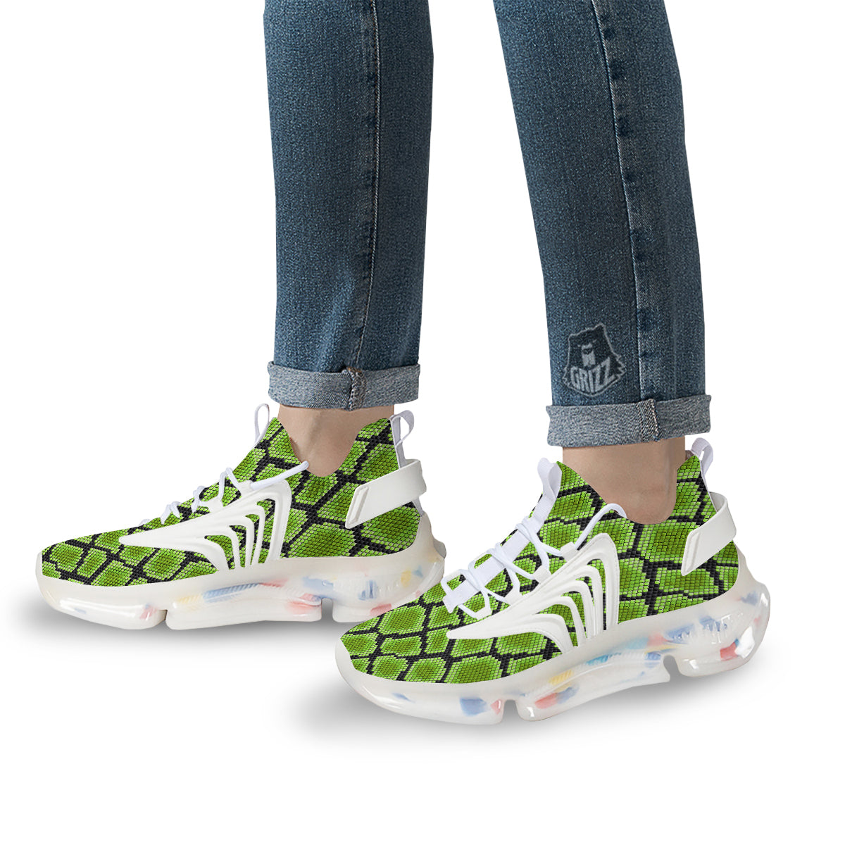 Snakeskin Black And Neon Green Print White Gym Shoes-grizzshop