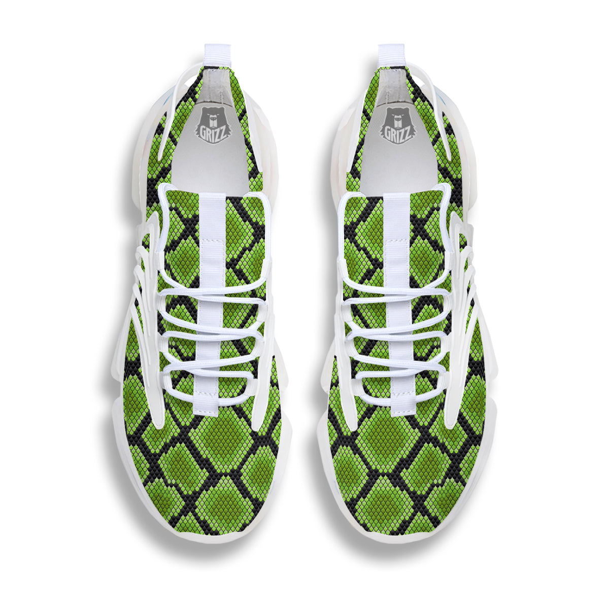 Snakeskin Black And Neon Green Print White Gym Shoes-grizzshop