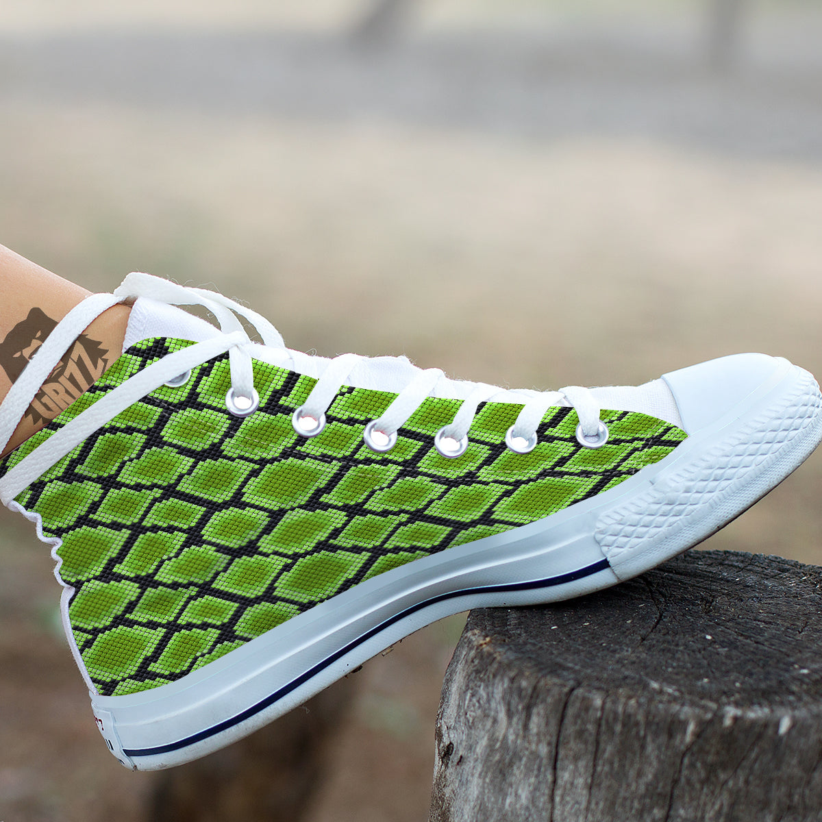 Snakeskin Black And Neon Green Print White High Top Shoes-grizzshop