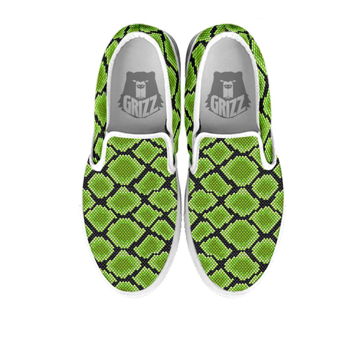 Snakeskin Black And Neon Green Print White Slip On Shoes-grizzshop