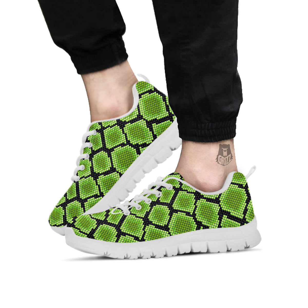Snakeskin Black And Neon Green Print White Sneaker-grizzshop