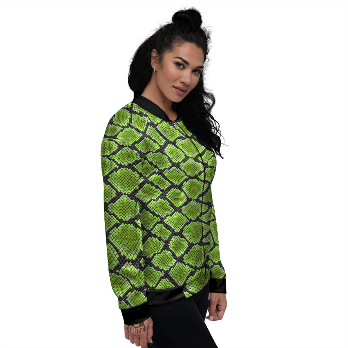 Snakeskin Black And Neon Green Print Women's Bomber Jacket-grizzshop