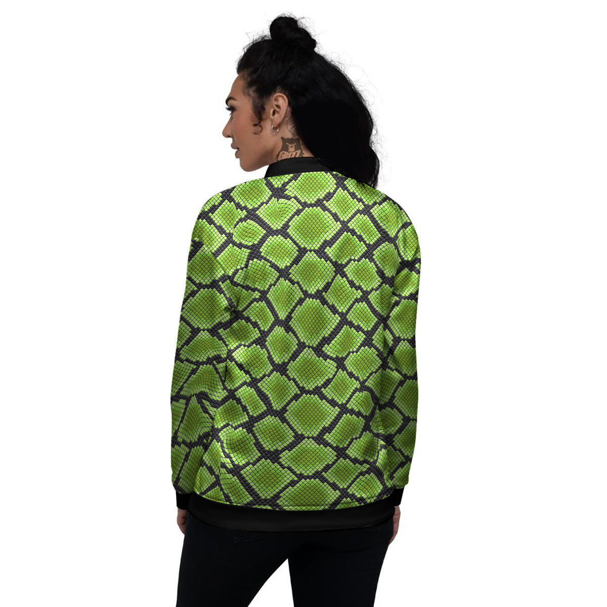 Snakeskin Black And Neon Green Print Women's Bomber Jacket-grizzshop
