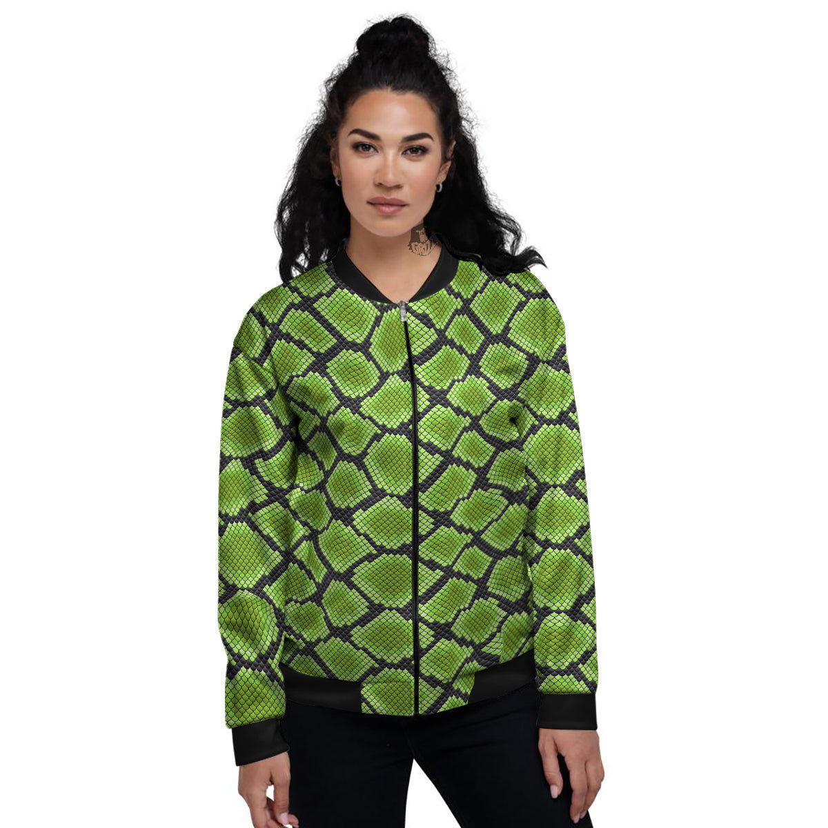 Snakeskin Black And Neon Green Print Women's Bomber Jacket-grizzshop
