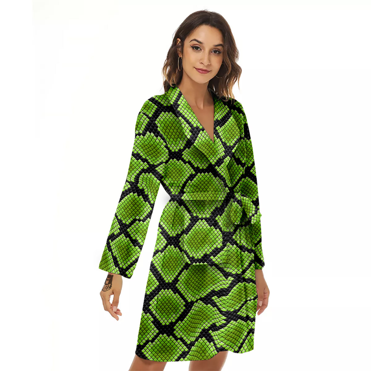 Snakeskin Black And Neon Green Print Women's Robe-grizzshop