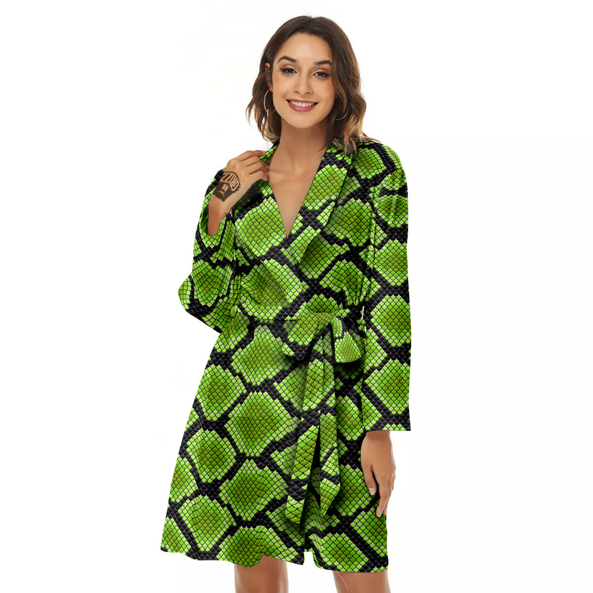 Snakeskin Black And Neon Green Print Women's Robe-grizzshop