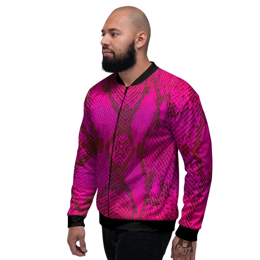Snakeskin Black And Pink Magenta Print Men's Bomber Jacket-grizzshop