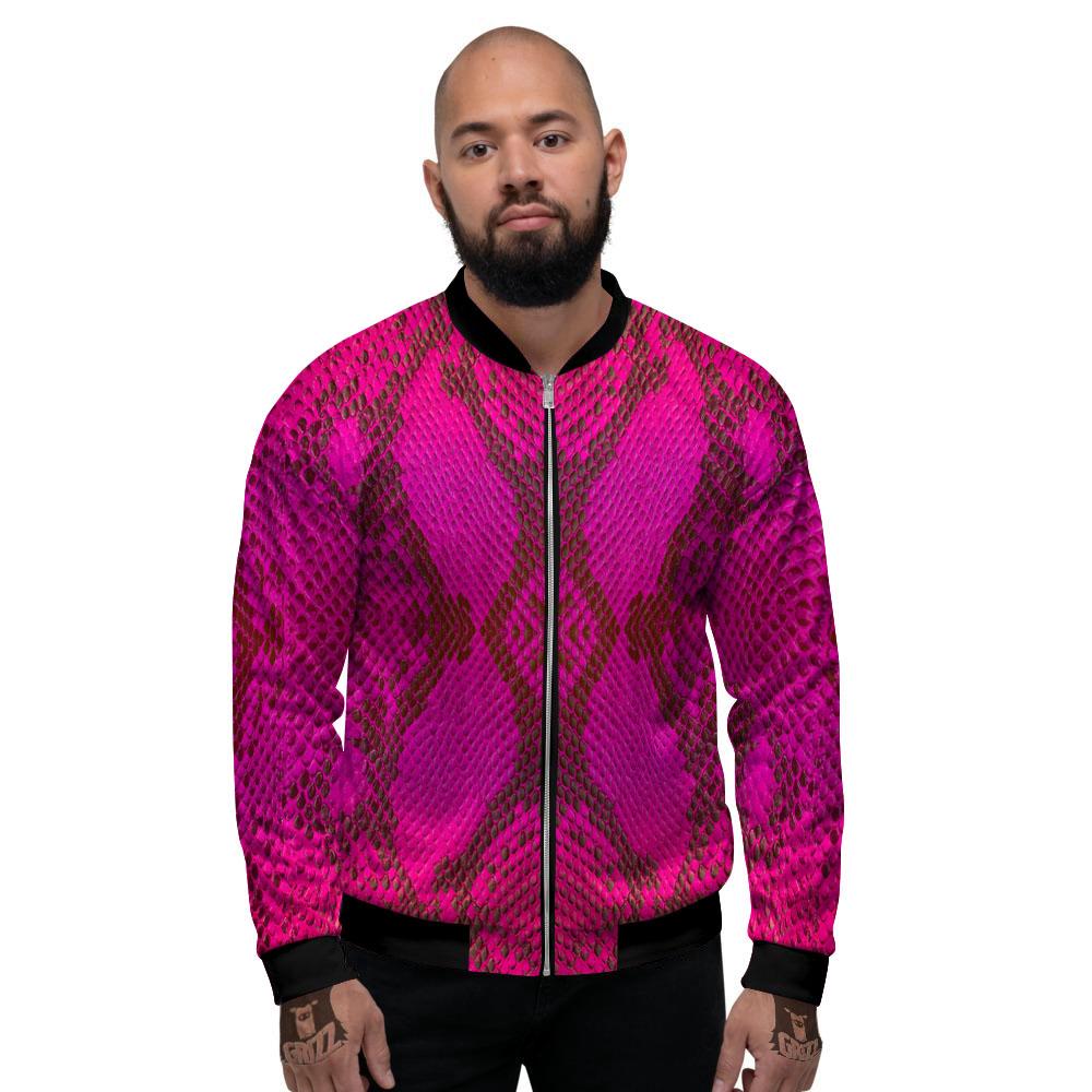 Snakeskin Black And Pink Magenta Print Men's Bomber Jacket-grizzshop