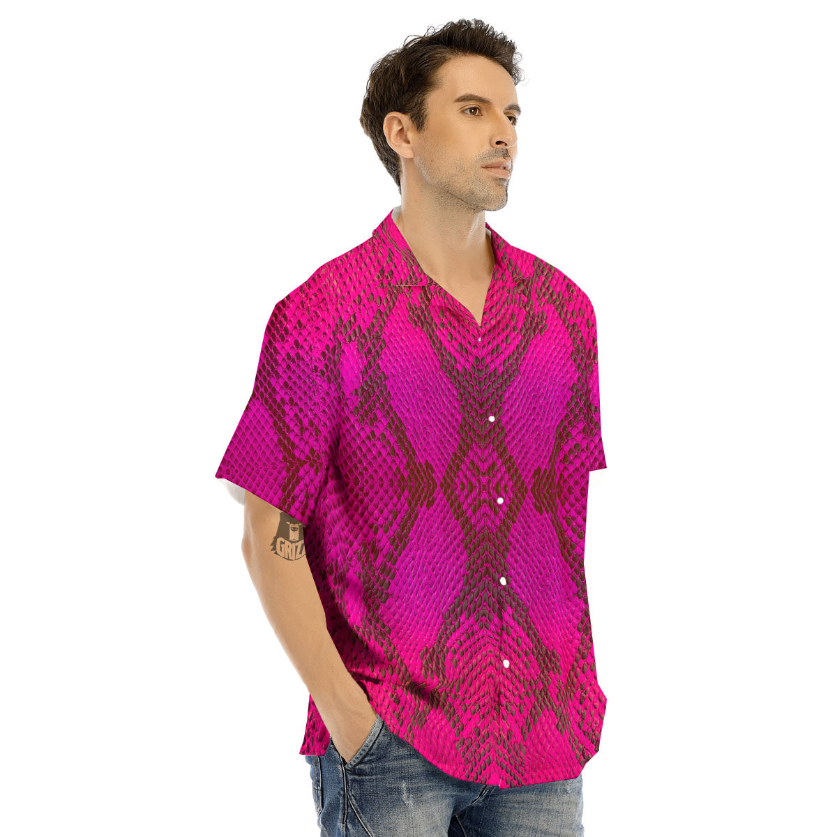 Snakeskin Black And Pink Magenta Print Men's Hawaiian Shirt-grizzshop