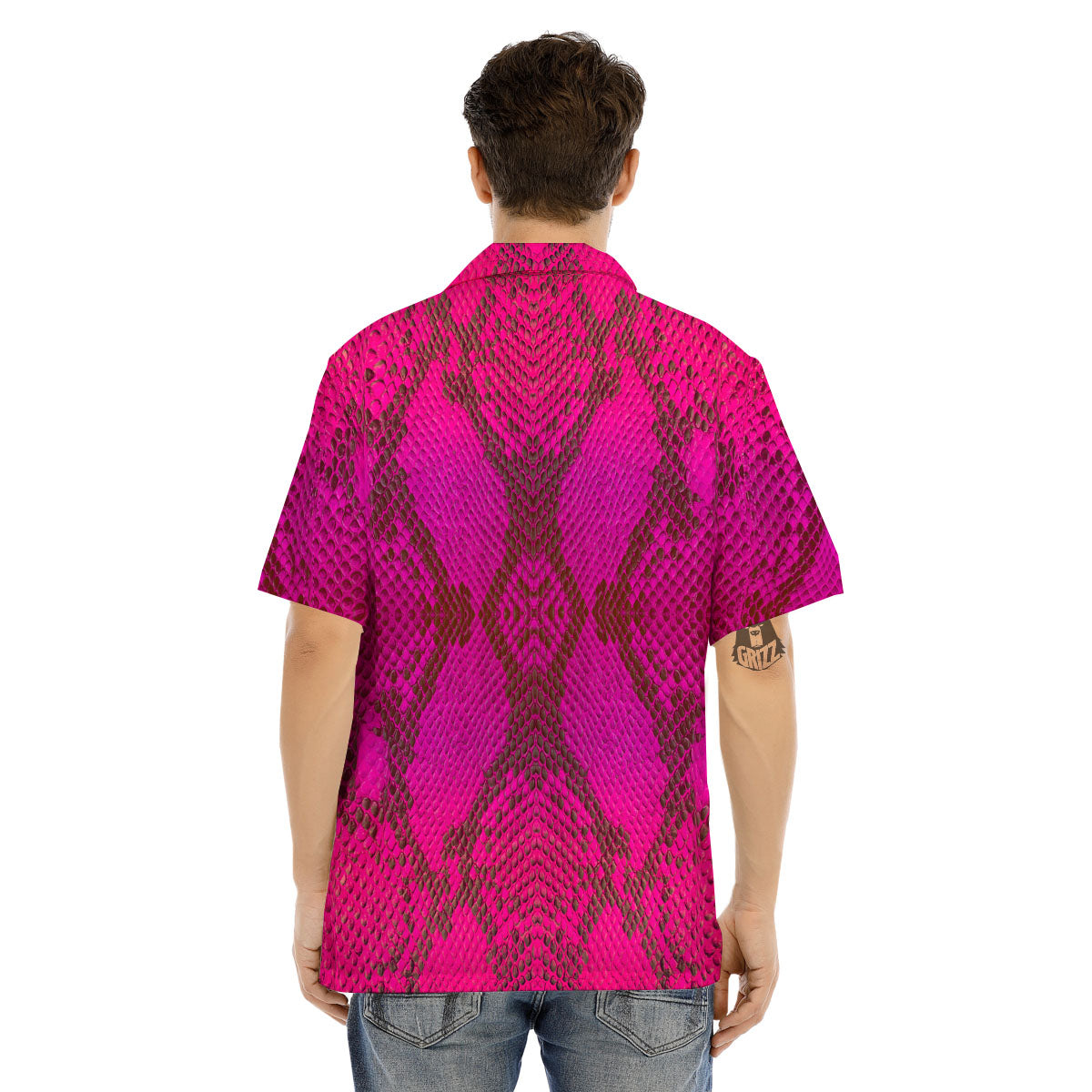 Snakeskin Black And Pink Magenta Print Men's Hawaiian Shirt-grizzshop