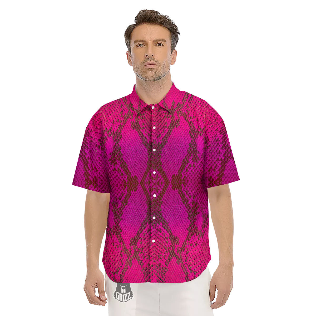 Snakeskin Black And Pink Magenta Print Men's Short Sleeve Shirts-grizzshop