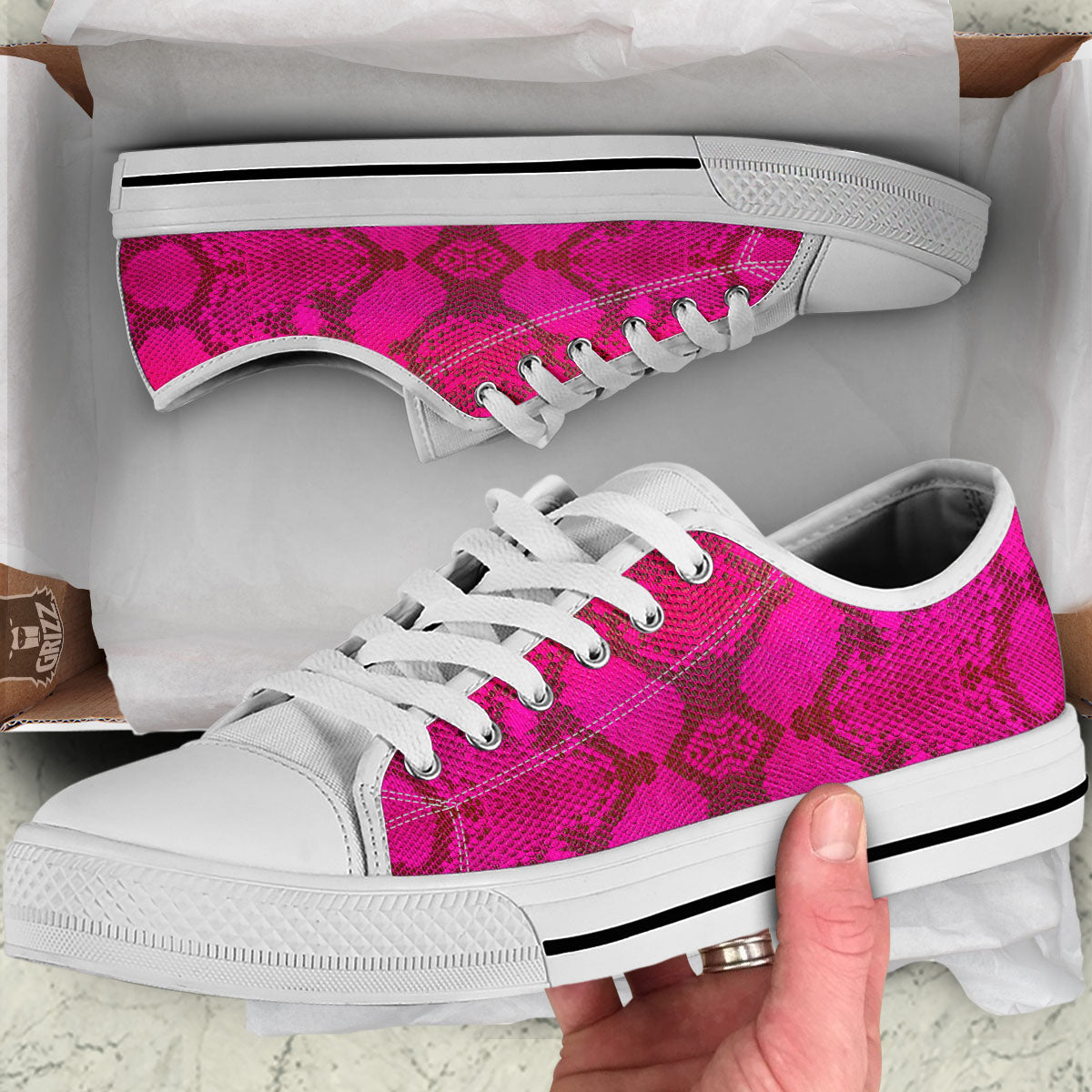 Snakeskin Black And Pink Magenta Print White Low Top Shoes-grizzshop