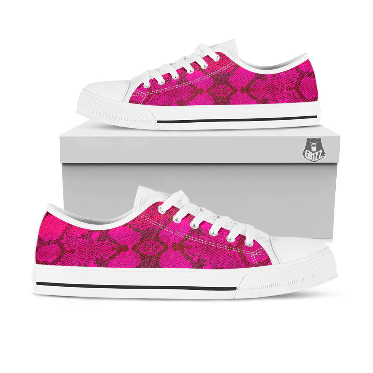 Snakeskin Black And Pink Magenta Print White Low Top Shoes-grizzshop