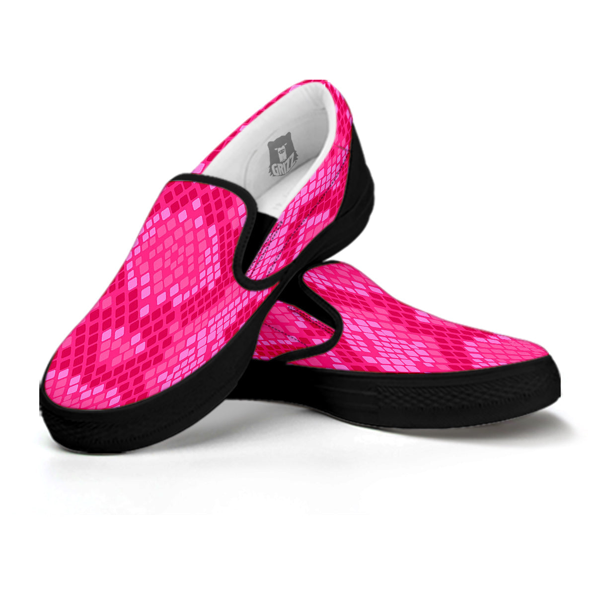 Snakeskin Black And Pink Neon Print Black Slip On Shoes-grizzshop
