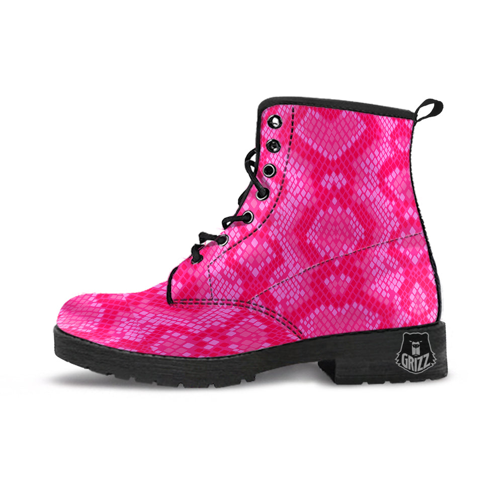 Snakeskin Black And Pink Neon Print Leather Boots-grizzshop