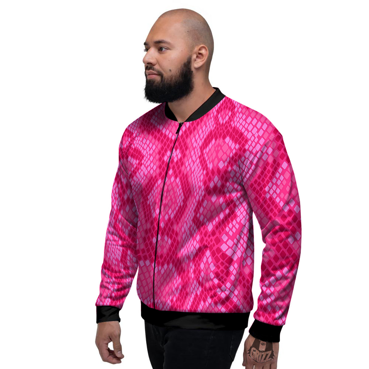 Snakeskin Black And Pink Neon Print Men's Bomber Jacket-grizzshop