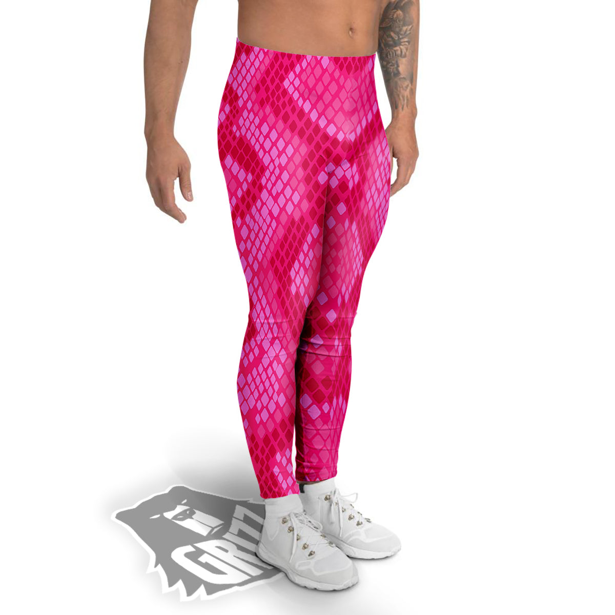Snakeskin Black And Pink Neon Print Men's Leggings-grizzshop