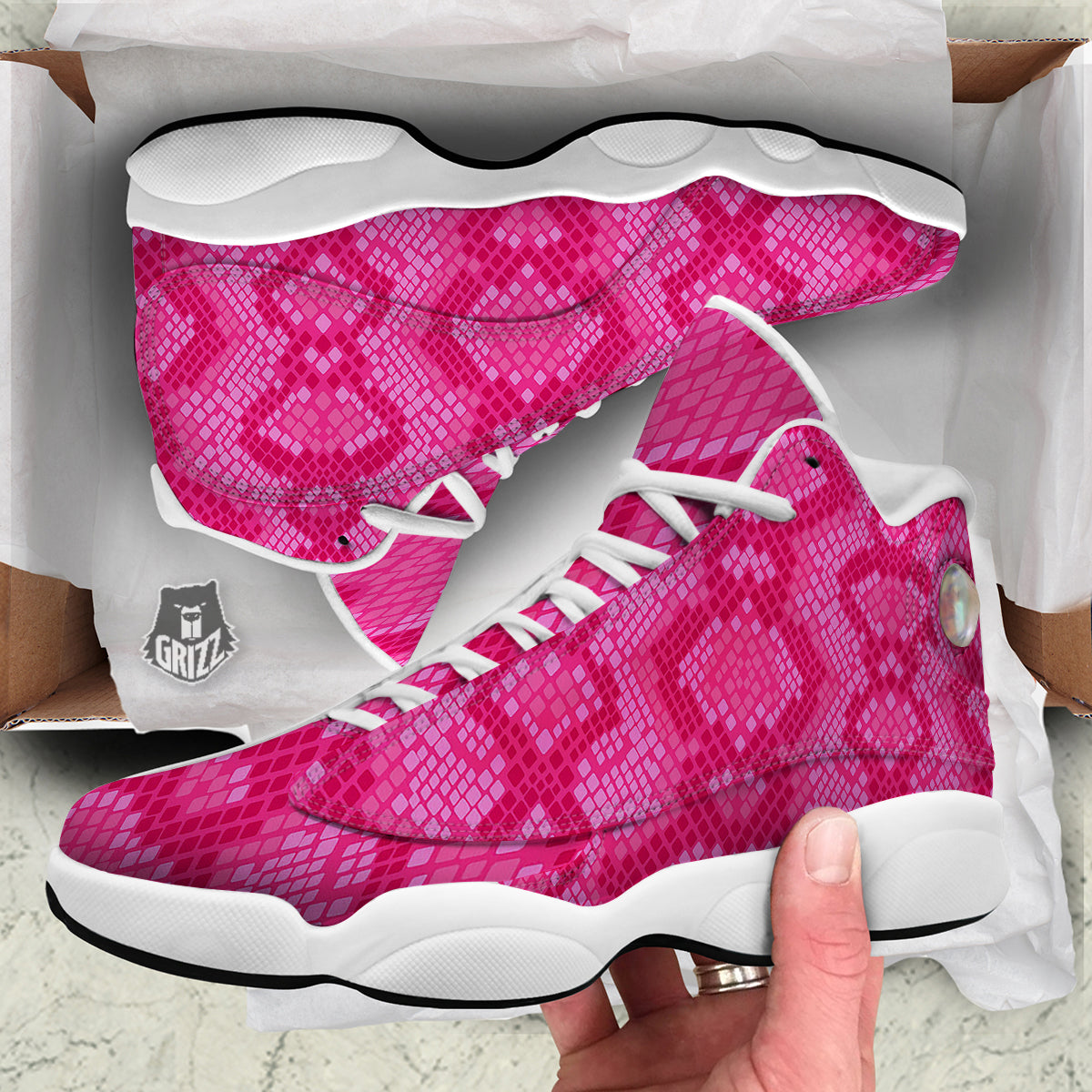Snakeskin Black And Pink Neon Print White Basketball Shoes-grizzshop