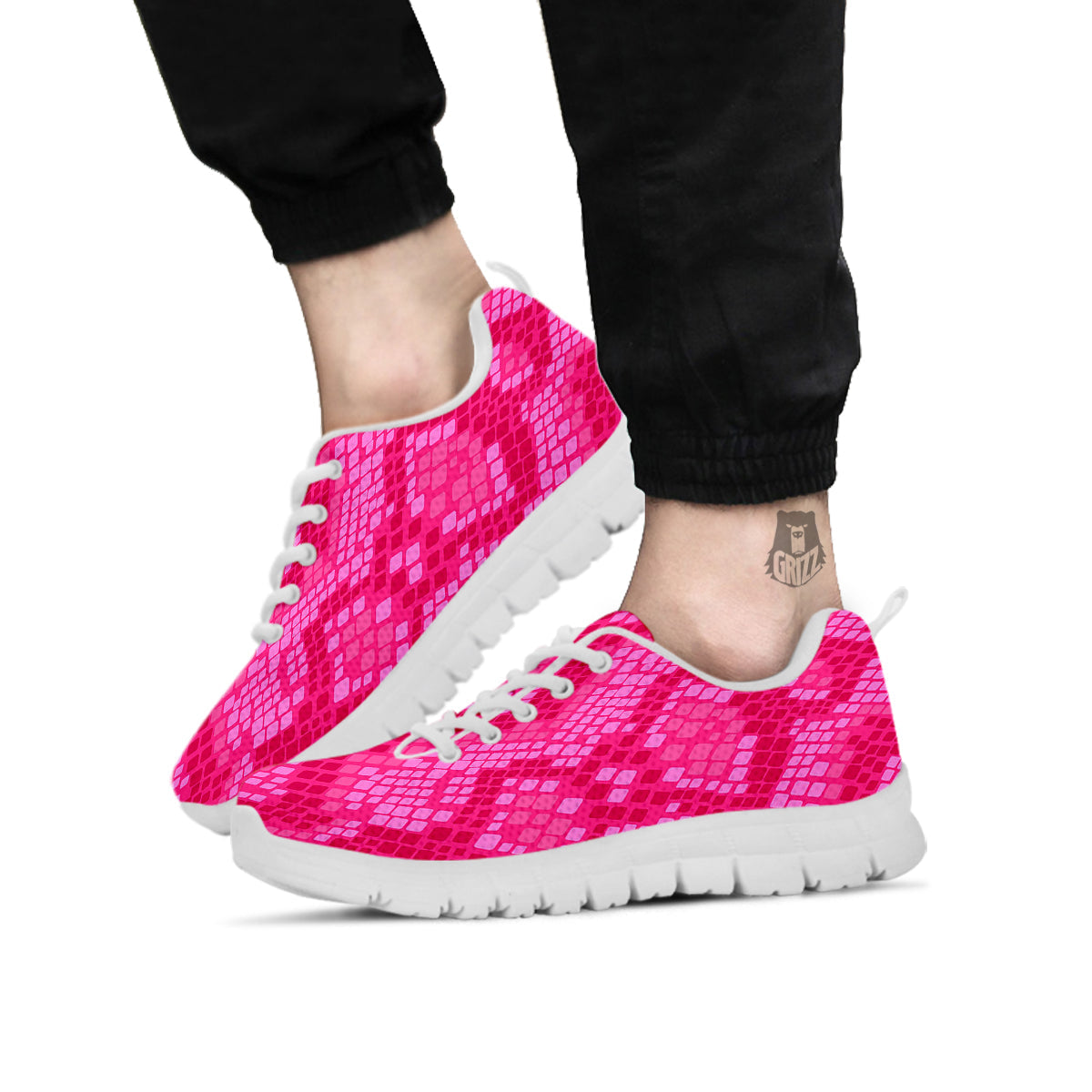 Snakeskin Black And Pink Neon Print White Sneaker-grizzshop