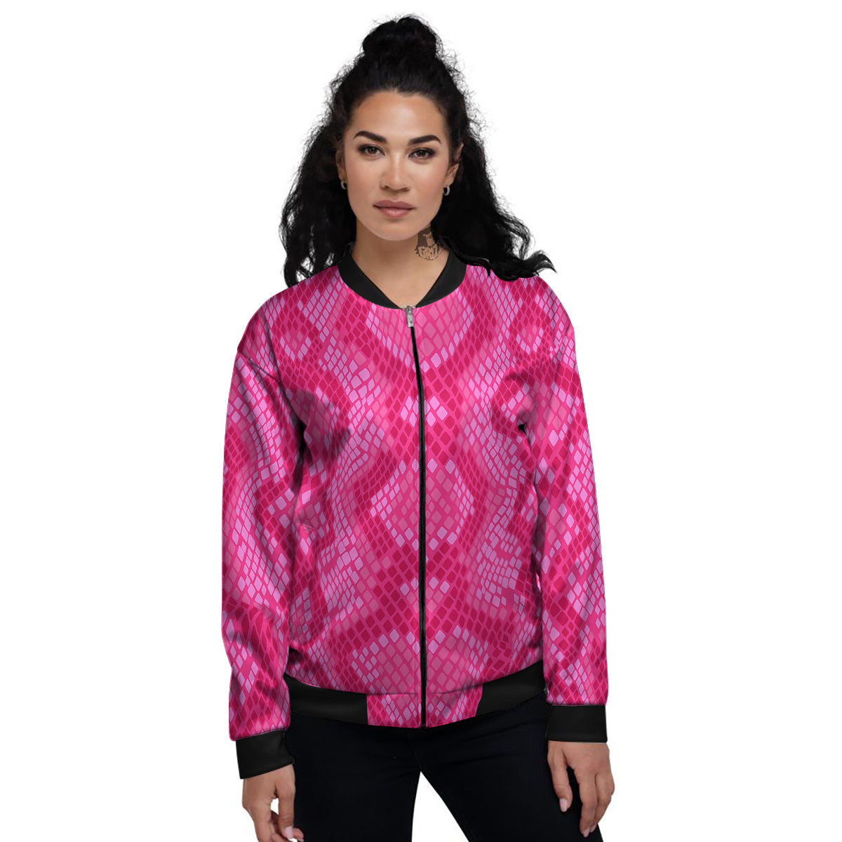 Snakeskin Black And Pink Neon Print Women's Bomber Jacket-grizzshop