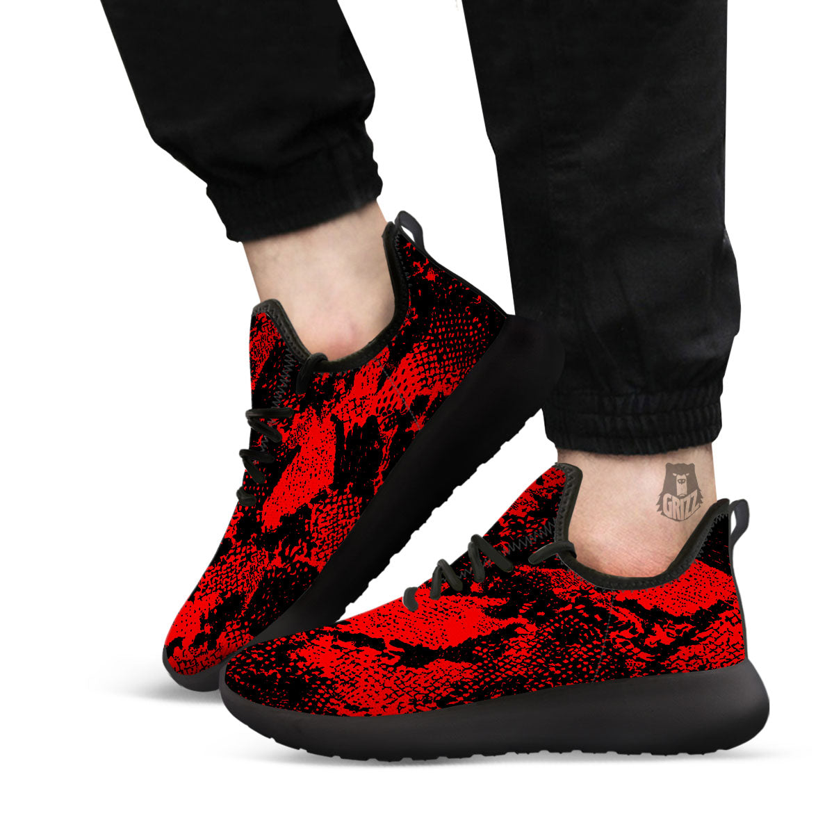 Snakeskin Black And Red Print Black Athletic Shoes-grizzshop