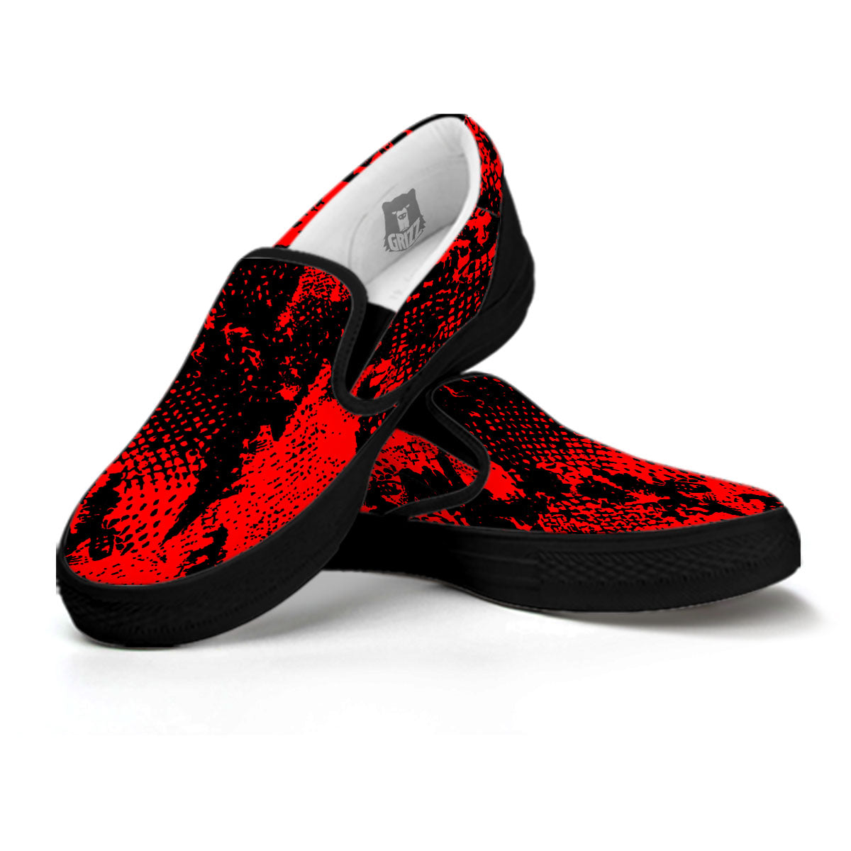 Snakeskin Black And Red Print Black Slip On Shoes-grizzshop