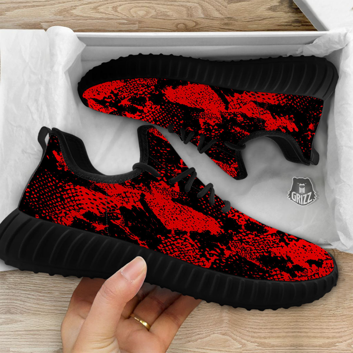 Snakeskin Black And Red Print Black Walking Shoes-grizzshop