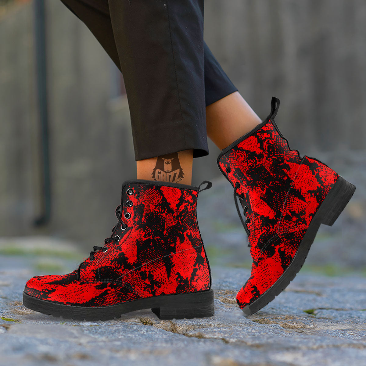 Snakeskin Black And Red Print Leather Boots-grizzshop