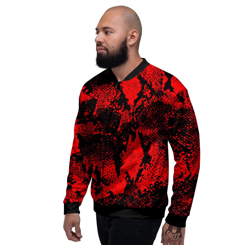 Snakeskin Black And Red Print Men's Bomber Jacket-grizzshop
