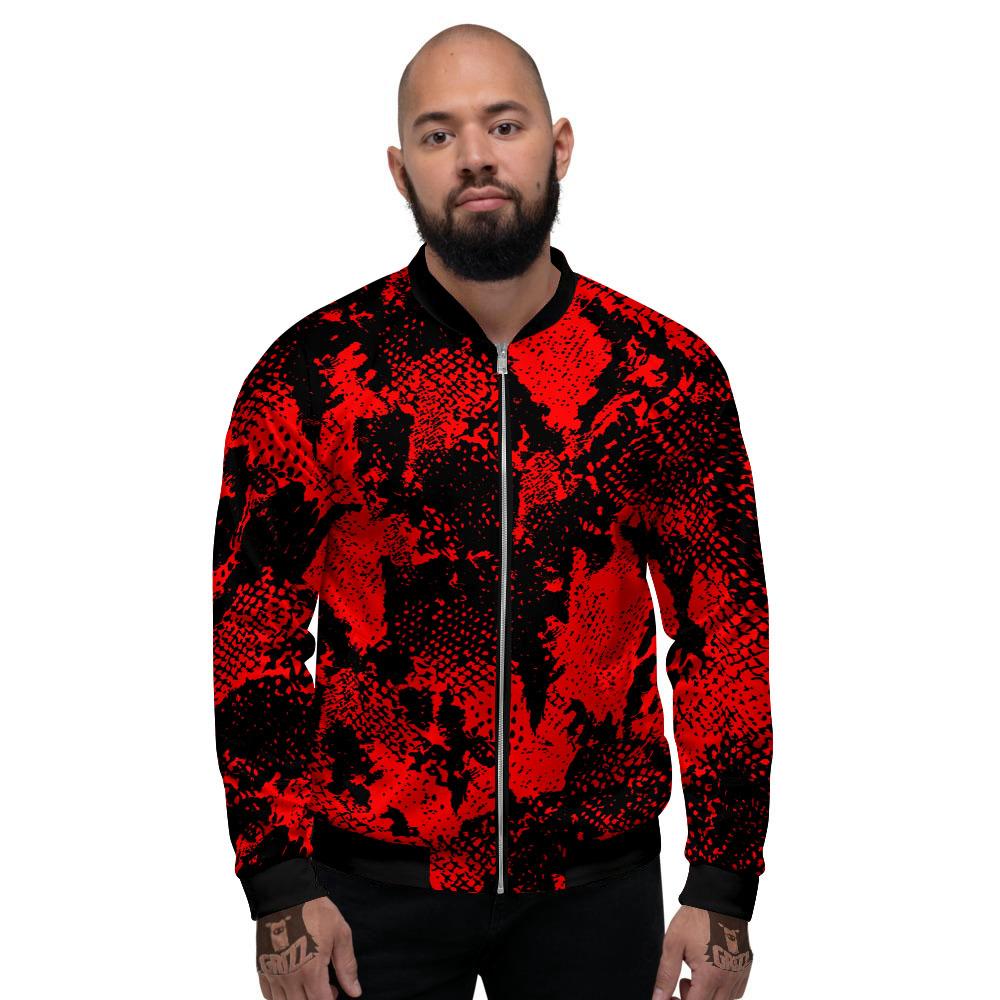 Snakeskin Black And Red Print Men's Bomber Jacket-grizzshop