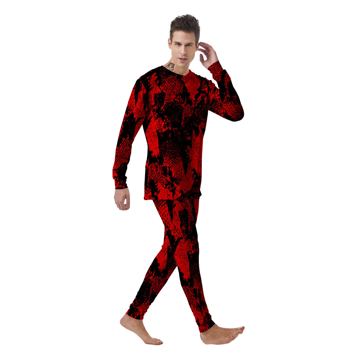 Snakeskin Black And Red Print Men's Pajamas-grizzshop