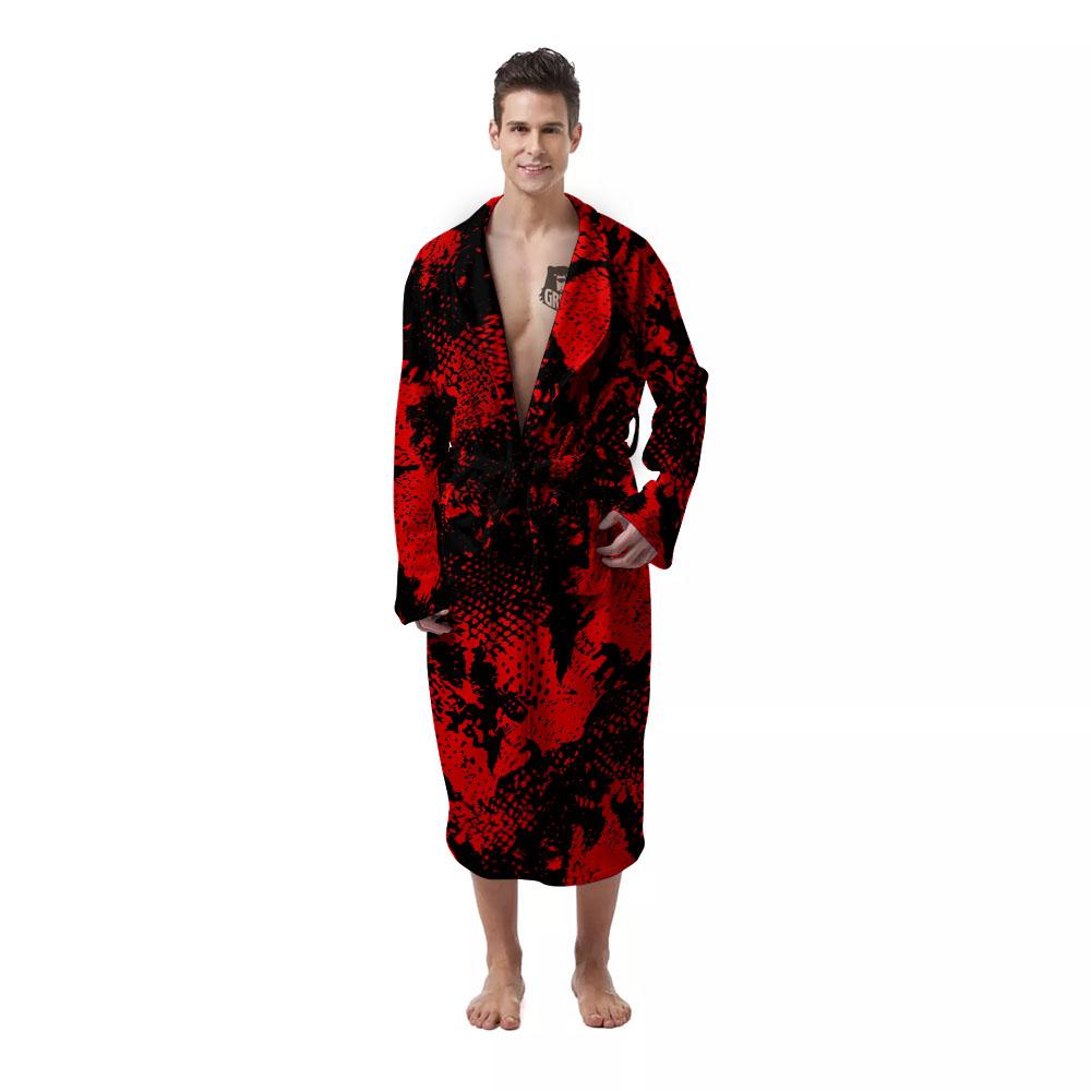 Snakeskin Black And Red Print Men's Robe-grizzshop