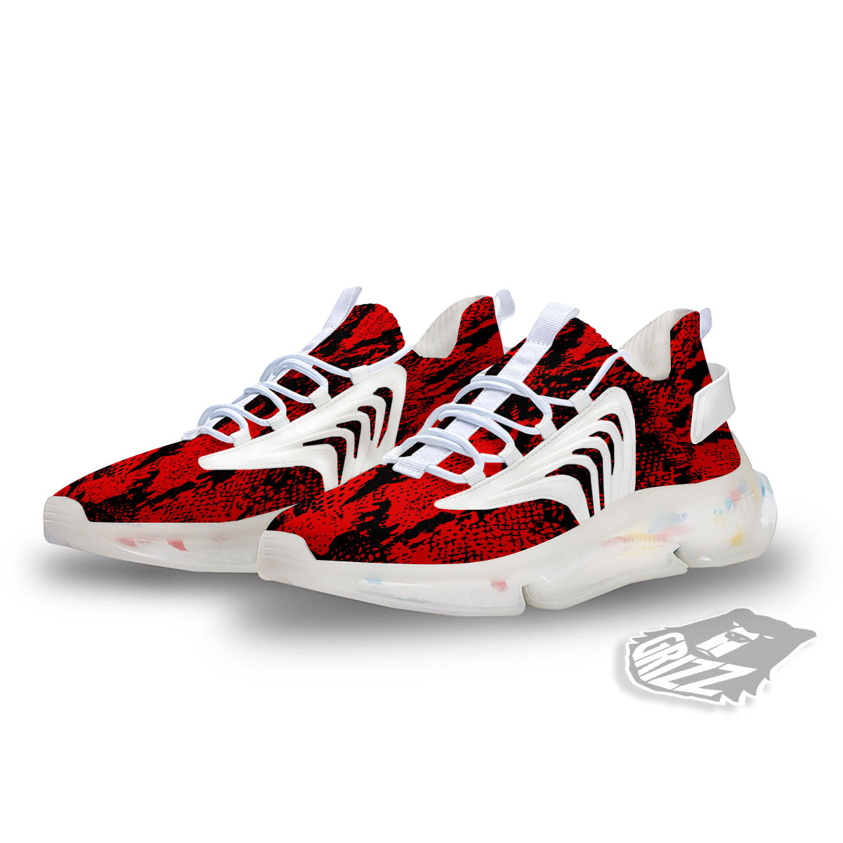 Snakeskin Black And Red Print White Gym Shoes-grizzshop
