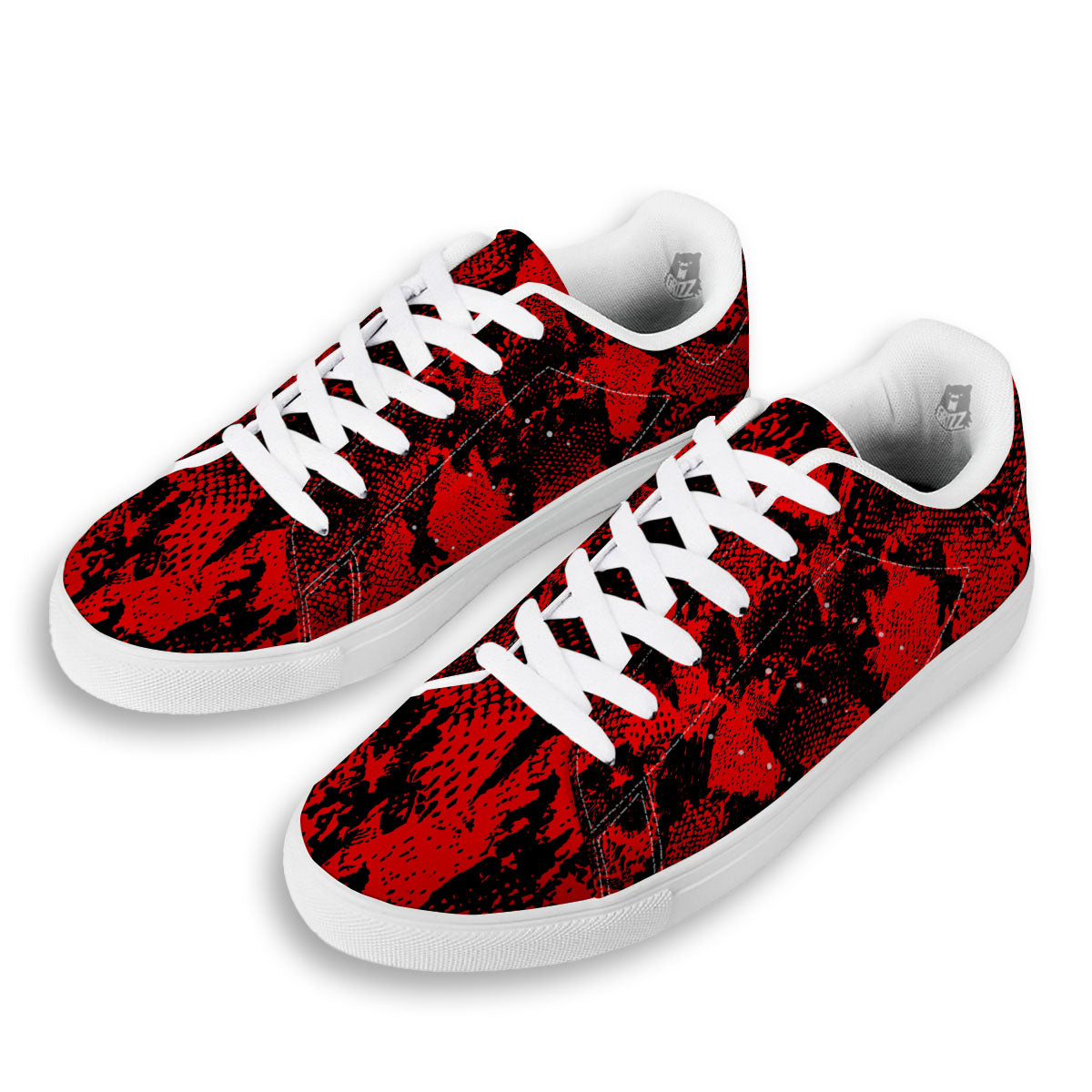 Snakeskin Black And Red Print White Low Top Sneakers-grizzshop
