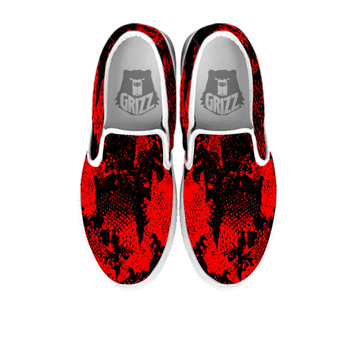 Snakeskin Black And Red Print White Slip On Shoes-grizzshop