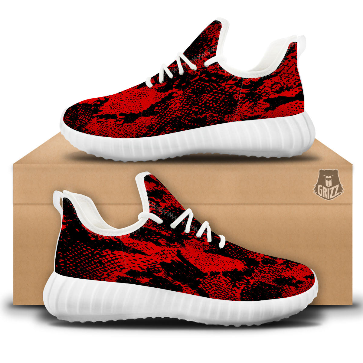 Snakeskin Black And Red Print White Walking Shoes-grizzshop