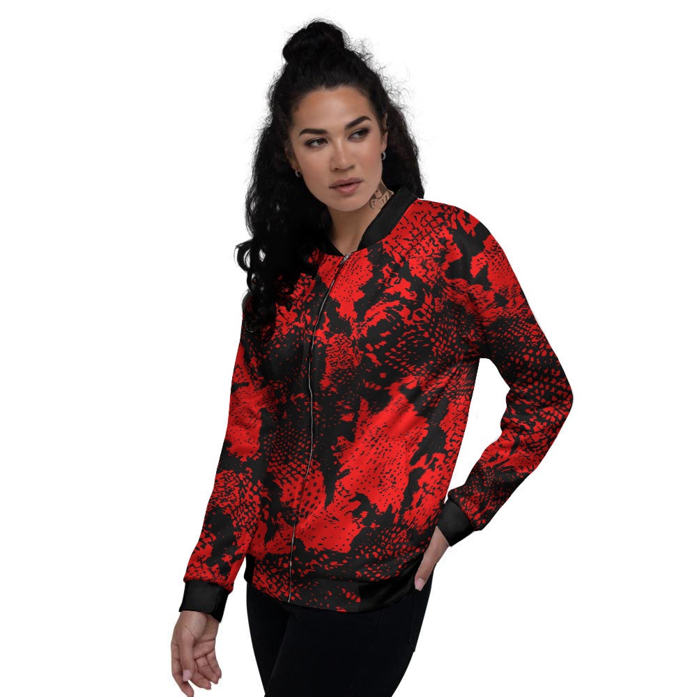 Snakeskin Black And Red Print Women's Bomber Jacket-grizzshop